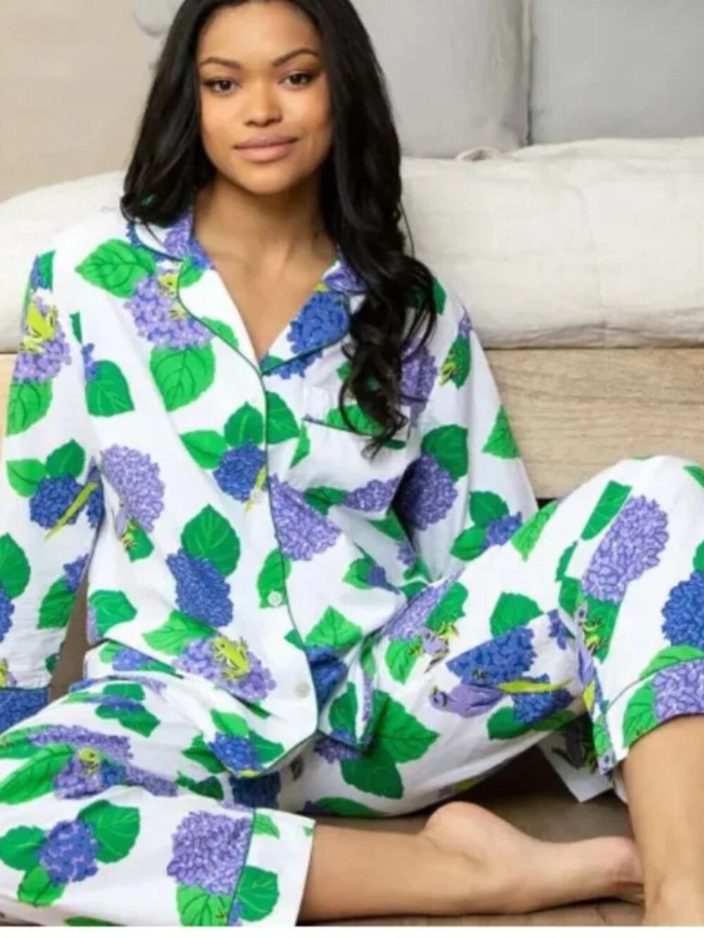 Printfresh Hydrangea Cloud Long Pajama Set White Blue Green Womens Sz 5X Floral
